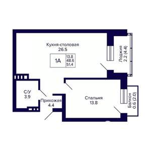 1-к квартира, вторичка, 51м2, 6/11 этаж