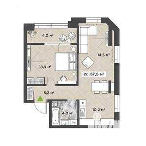 2-к квартира, вторичка, 56м2, 12/14 этаж