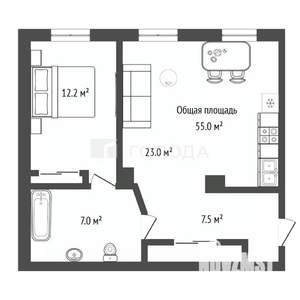 2-к квартира, вторичка, 55м2, 1/5 этаж