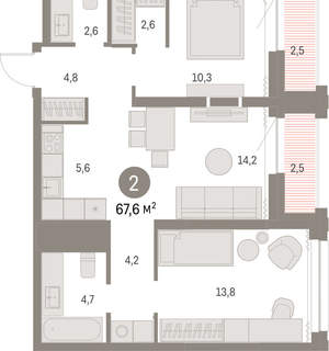 2-к квартира, вторичка, 67м2, 26/30 этаж