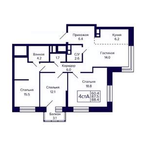 4-к квартира, вторичка, 88м2, 8/23 этаж