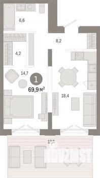 1-к квартира, вторичка, 70м2, 1/8 этаж