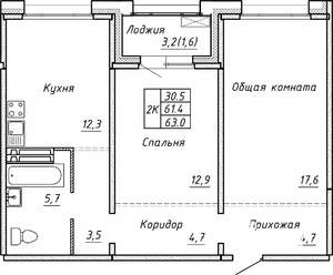 2-к квартира, вторичка, 63м2, 11/15 этаж