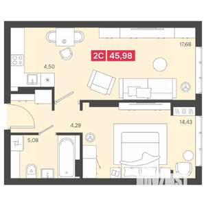 2-к квартира, вторичка, 46м2, 12/22 этаж