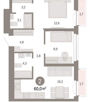 2-к квартира, вторичка, 60м2, 16/23 этаж
