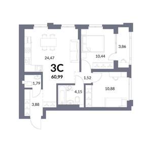 3-к квартира, вторичка, 59м2, 7/14 этаж
