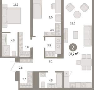 2-к квартира, вторичка, 88м2, 2/15 этаж