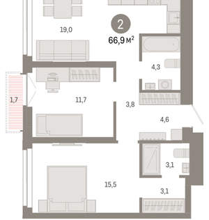 2-к квартира, вторичка, 67м2, 21/23 этаж