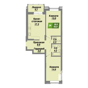 2-к квартира, строящийся дом, 66м2, 4/10 этаж