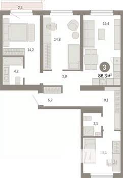 3-к квартира, вторичка, 86м2, 9/9 этаж