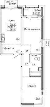 2-к квартира, строящийся дом, 64м2, 6/15 этаж