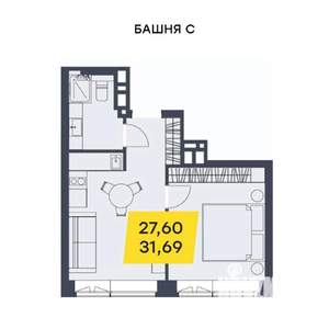 1-к квартира, строящийся дом, 32м2, 22/29 этаж