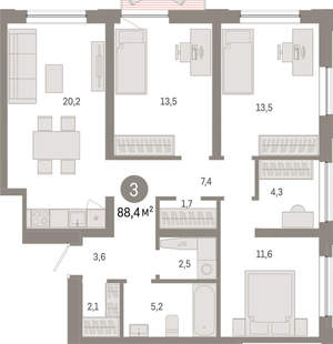 3-к квартира, вторичка, 88м2, 11/17 этаж