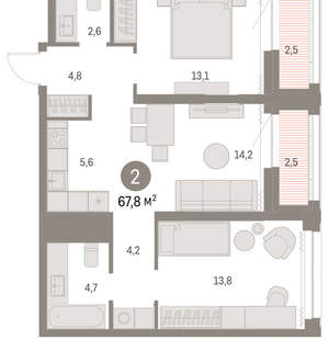 2-к квартира, вторичка, 67м2, 23/30 этаж