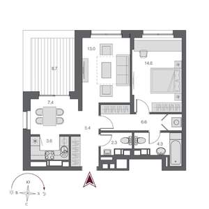 2-к квартира, строящийся дом, 57м2, 19/23 этаж