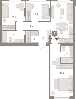 3-к квартира, вторичка, 81м2, 3/12 этаж