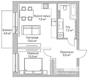 1-к квартира, вторичка, 50м2, 3/8 этаж