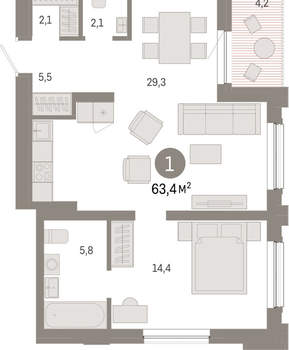 1-к квартира, вторичка, 63м2, 8/17 этаж