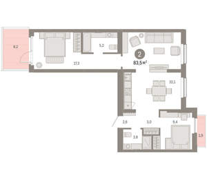 2-к квартира, вторичка, 84м2, 2/12 этаж