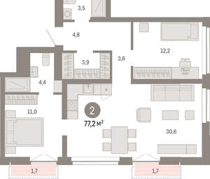 2-к квартира, вторичка, 77м2, 9/23 этаж