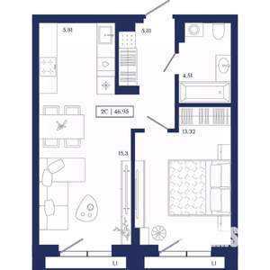 2-к квартира, вторичка, 47м2, 10/13 этаж