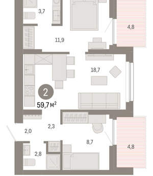 2-к квартира, вторичка, 60м2, 6/12 этаж