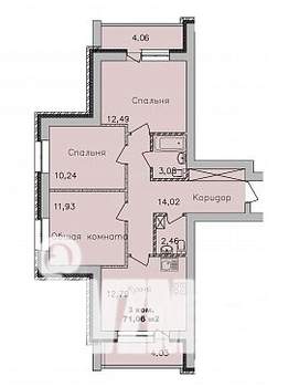 3-к квартира, вторичка, 71м2, 7/9 этаж