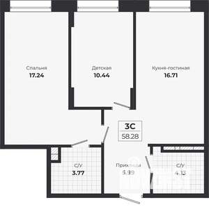 2-к квартира, строящийся дом, 58м2, 1/9 этаж