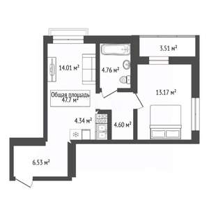 1-к квартира, вторичка, 48м2, 23/25 этаж